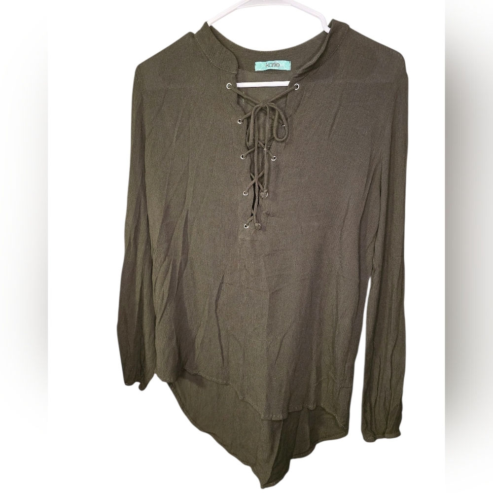 Karlie Green Tie Front Blouse with Mandarin Collar